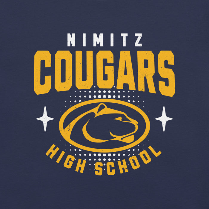 Close-up view of Nimitz High School Cougars Navy Blue Premium Unisex T-shirt 204