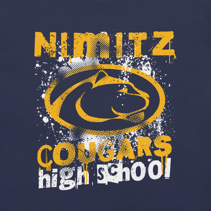 Close-up view of Nimitz High School Cougars Navy Blue Premium Unisex T-shirt 205