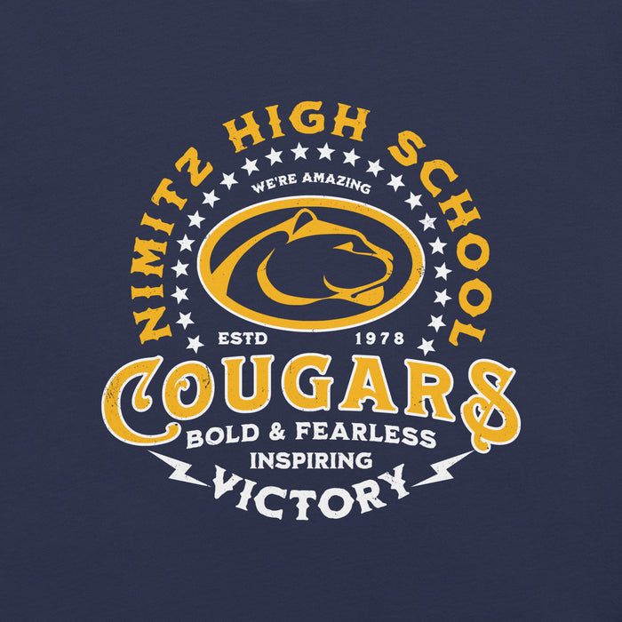 Close-up view of Nimitz High School Cougars Navy Blue Premium Unisex T-shirt 206
