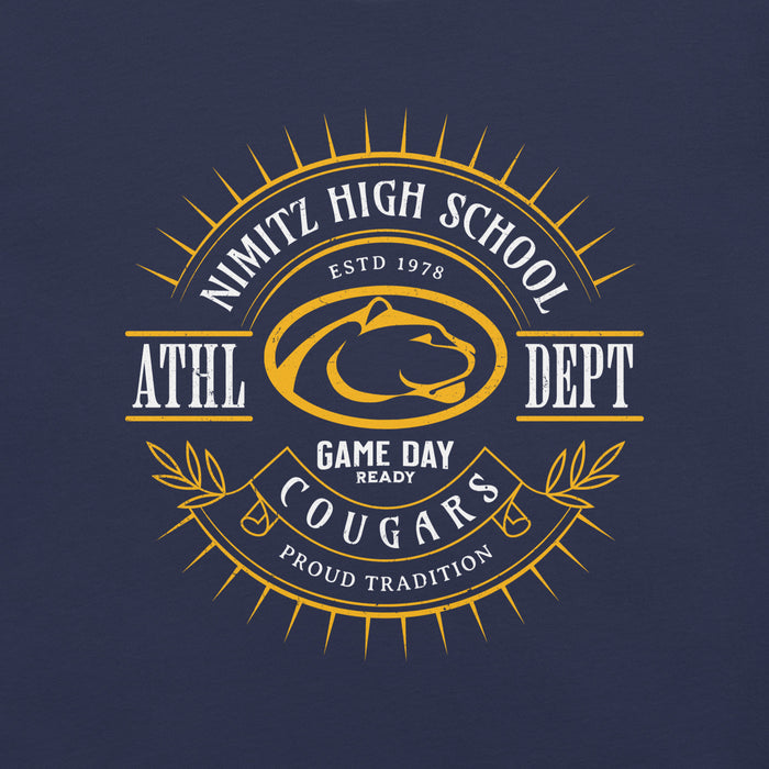 Close-up view of Nimitz High School Cougars Navy Blue Premium Unisex T-shirt 201