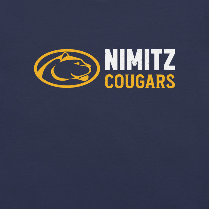 Close-up view of Nimitz High School Cougars Navy Blue Premium Unisex T-shirt 200