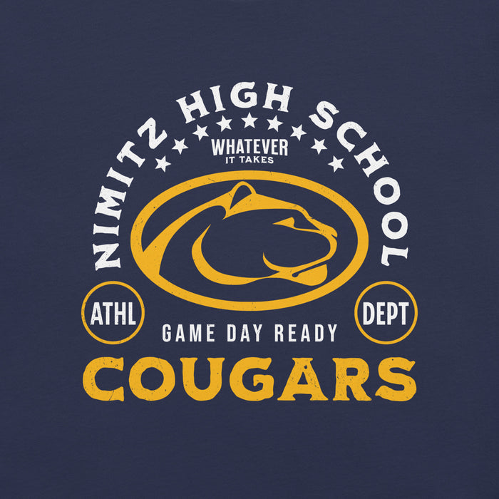 Close-up view of Nimitz High School Cougars Navy Blue Premium Unisex T-shirt 208