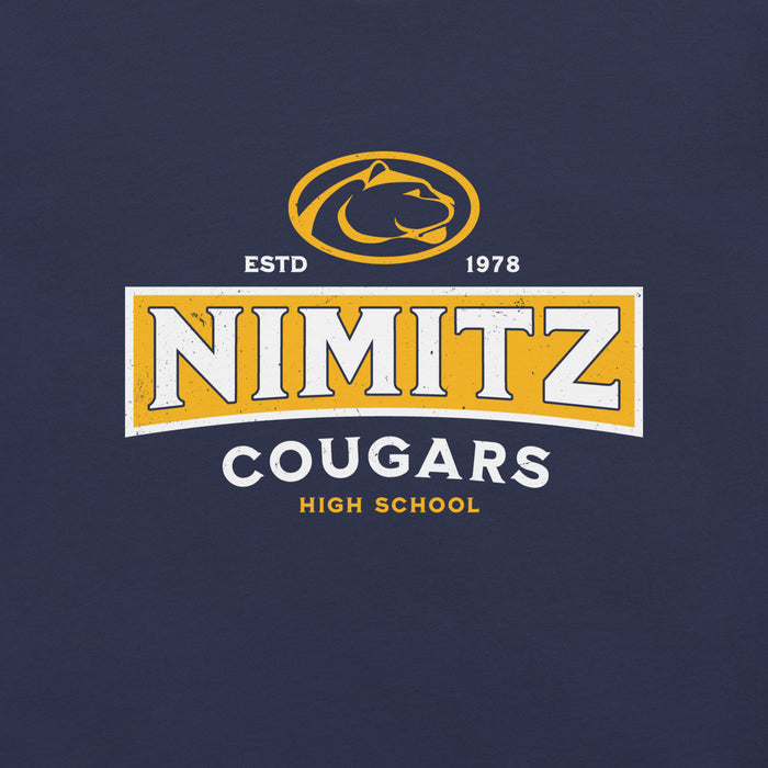 Close-up view of Nimitz High School Cougars Navy Blue Premium Unisex T-shirt 202