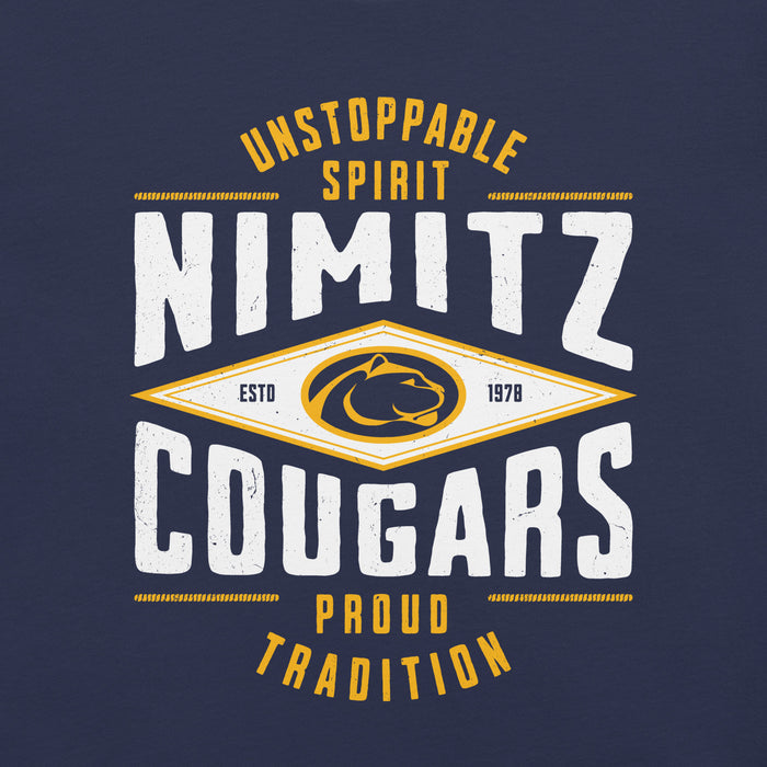 Close-up view of Nimitz High School Cougars Navy Blue Premium Unisex T-shirt 210