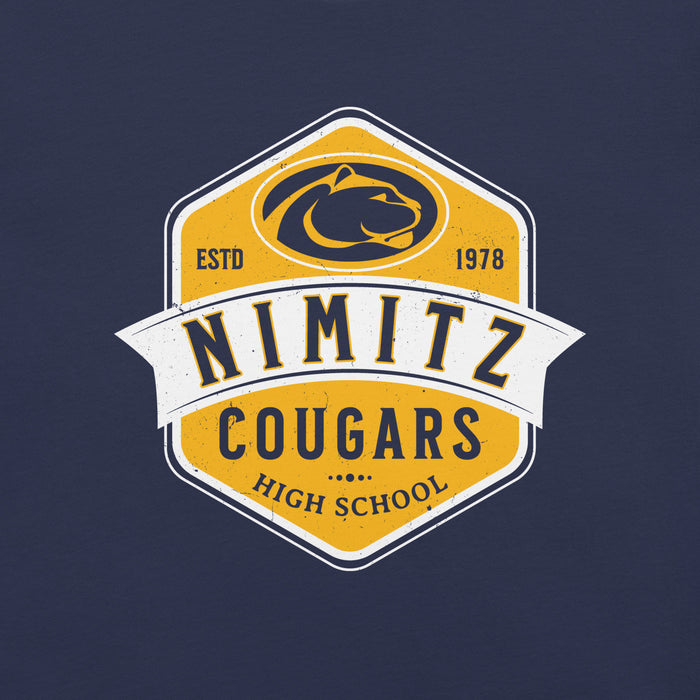 Close-up view of Nimitz High School Cougars Navy Blue Premium Unisex T-shirt 209