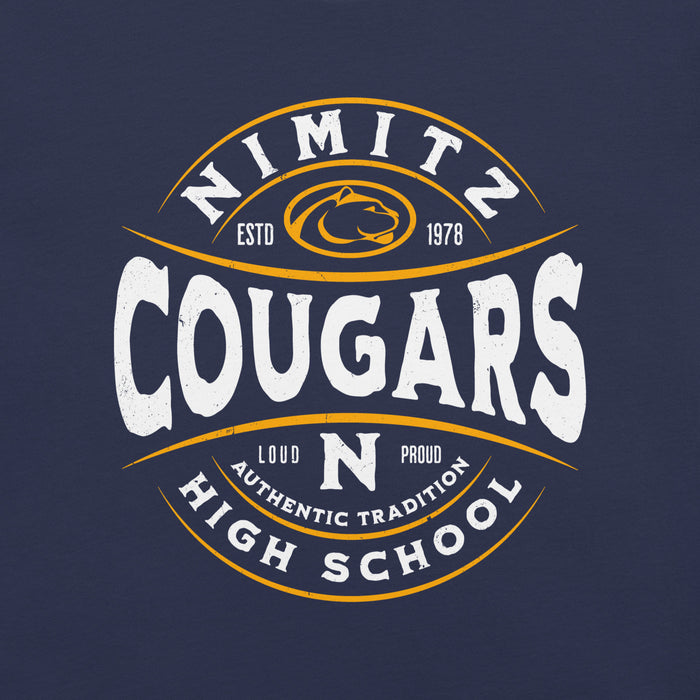 Close-up view of Nimitz High School Cougars Navy Blue Premium Unisex T-shirt 218