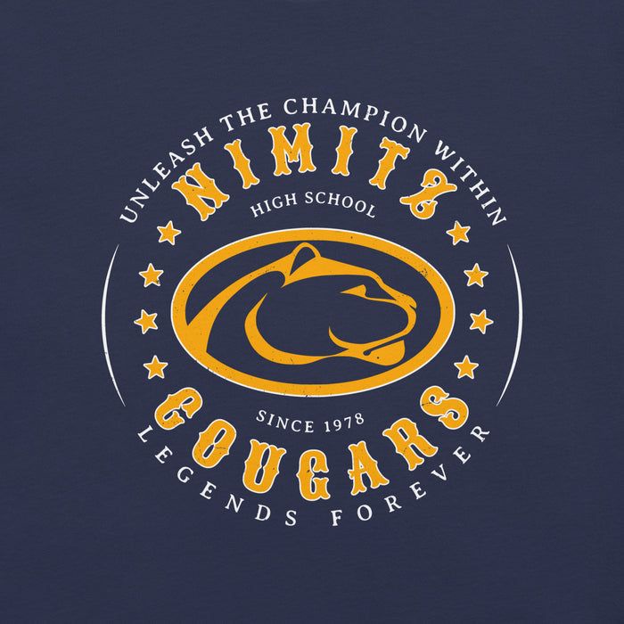 Close-up view of Nimitz High School Cougars Navy Blue Premium Unisex T-shirt 214