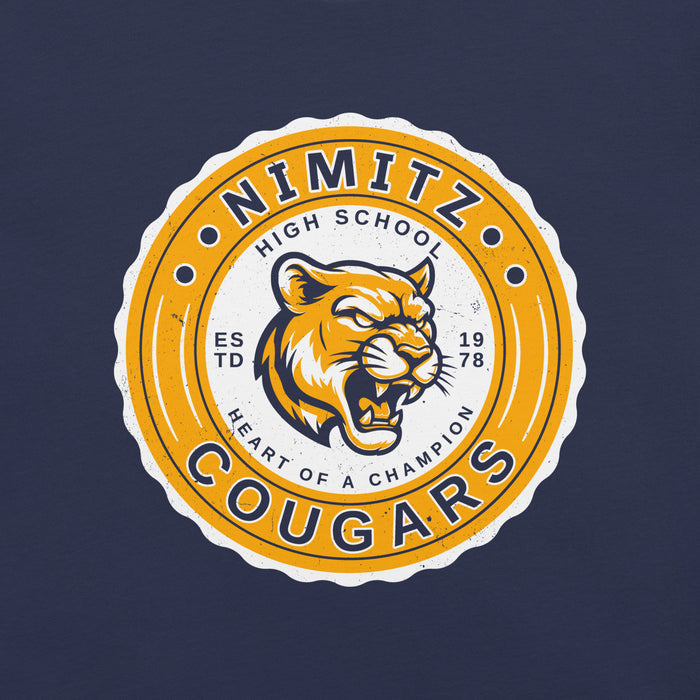 Close-up view of Nimitz High School Cougars Navy Blue Premium Unisex T-shirt 216
