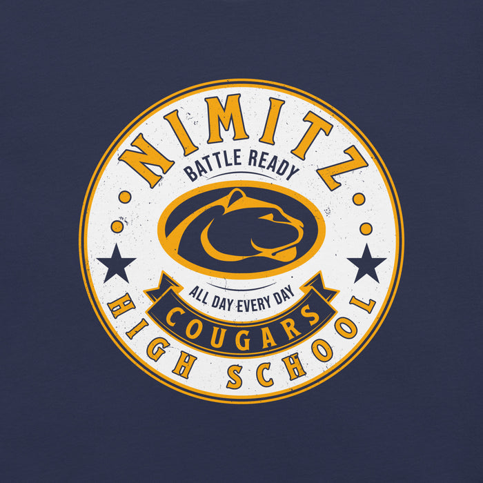 Close-up view of Nimitz High School Cougars Navy Blue Premium Unisex T-shirt 215