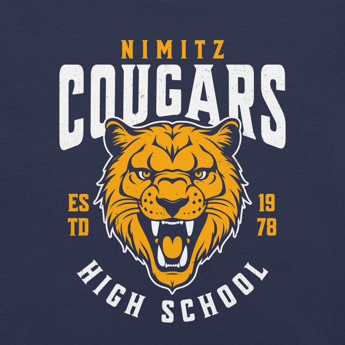 Close-up view of Nimitz High School Cougars Navy Blue Premium Unisex T-shirt 213