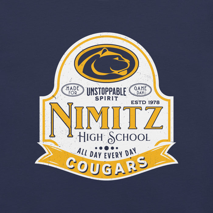 Close-up view of Nimitz High School Cougars Navy Blue Premium Unisex T-shirt 219