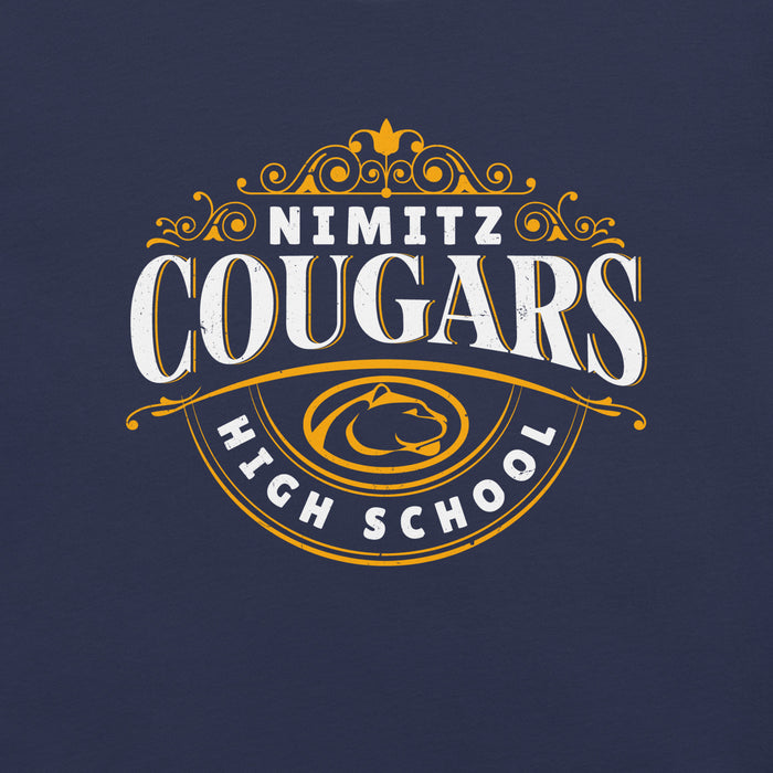 Close-up view of Nimitz High School Cougars Navy Blue Premium Unisex T-shirt 211