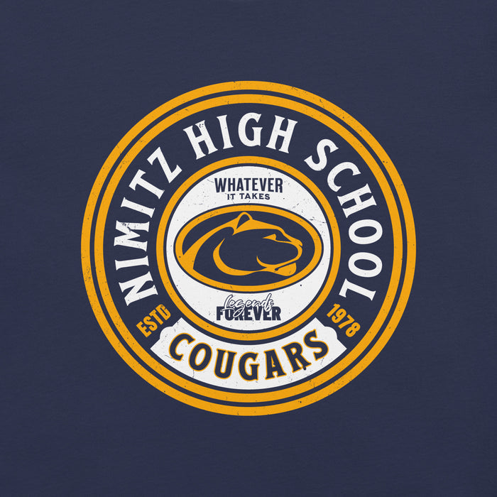 Close-up view of Nimitz High School Cougars Navy Blue Premium Unisex T-shirt 220