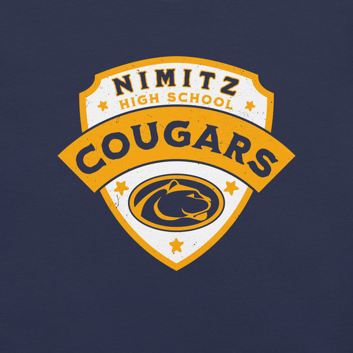 Close-up view of Nimitz High School Cougars Navy Blue Premium Unisex T-shirt 221