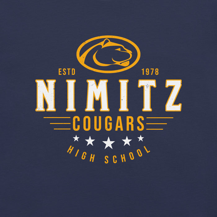 Close-up view of Nimitz High School Cougars Navy Blue Premium Unisex T-shirt 217