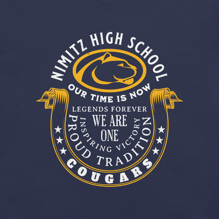 Close-up view of Nimitz High School Cougars Navy Blue Premium Unisex T-shirt 229