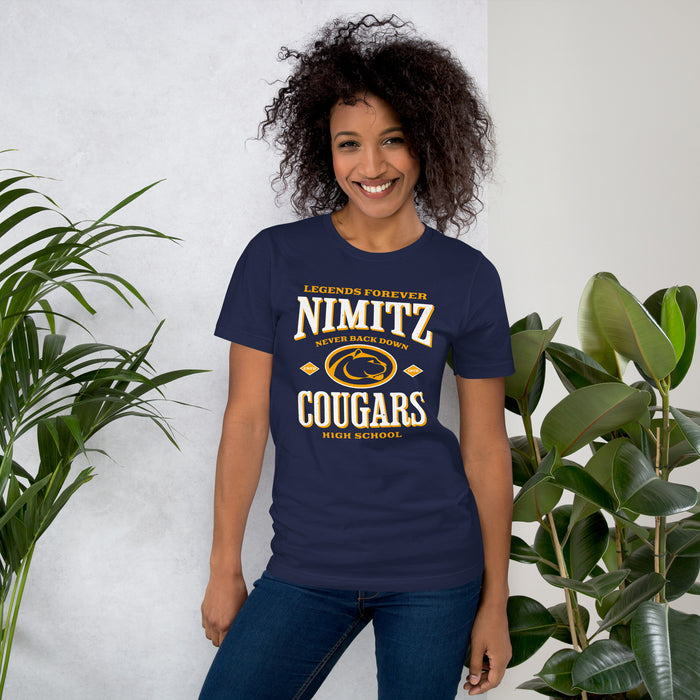 Woman wearing Nimitz High School Cougars Navy Blue Premium Unisex T-shirt 230