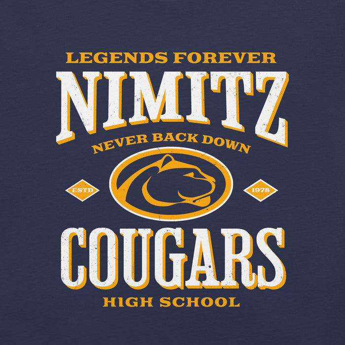 Close-up view of Nimitz High School Cougars Navy Blue Premium Unisex T-shirt 230