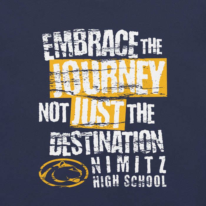 Close-up view of Nimitz High School Cougars Navy Blue Premium Unisex T-shirt 232