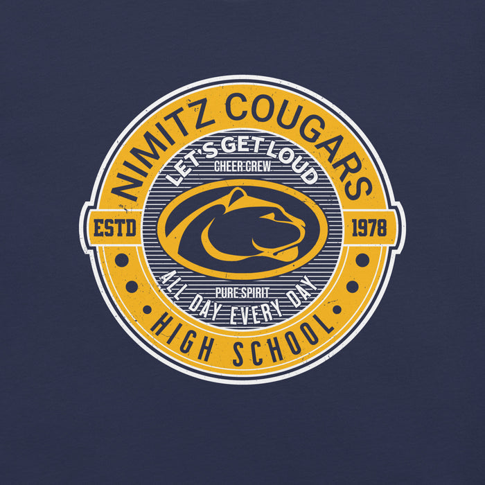 Close-up view of Nimitz High School Cougars Navy Blue Premium Unisex T-shirt 224