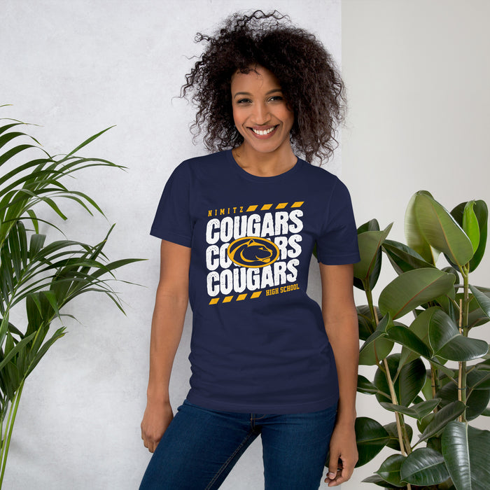 Woman wearing Nimitz High School Cougars Navy Blue Premium Unisex T-shirt 223