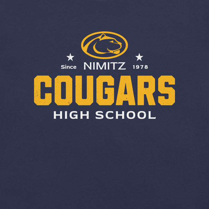 Close-up view of Nimitz High School Cougars Navy Blue Premium Unisex T-shirt 222