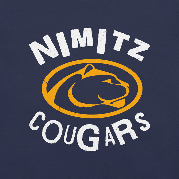 Close-up view of Nimitz High School Cougars Navy Blue Premium Unisex T-shirt 228