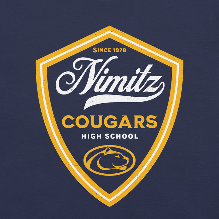 Close-up view of Nimitz High School Cougars Navy Blue Premium Unisex T-shirt 225