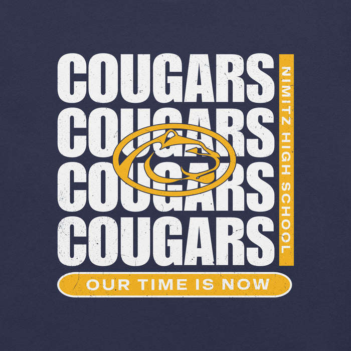 Close-up view of Nimitz High School Cougars Navy Blue Premium Unisex T-shirt 235