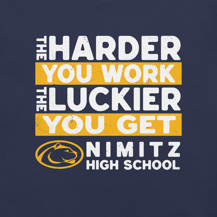 Close-up view of Nimitz High School Cougars Navy Blue Premium Unisex T-shirt 238
