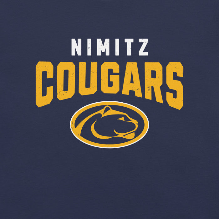 Close-up view of Nimitz High School Cougars Navy Blue Premium Unisex T-shirt 234
