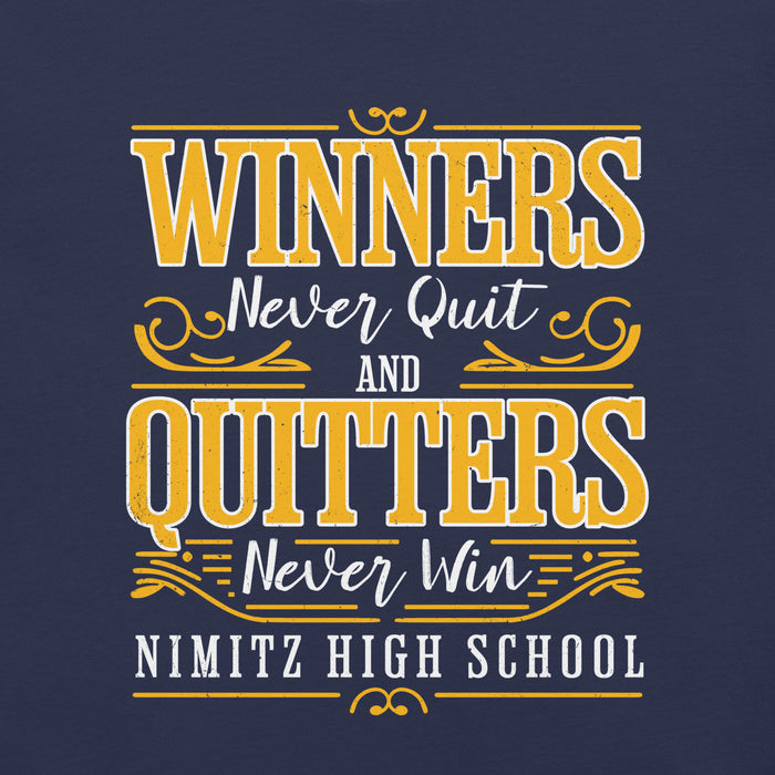 Close-up view of Nimitz High School Cougars Navy Blue Premium Unisex T-shirt 237