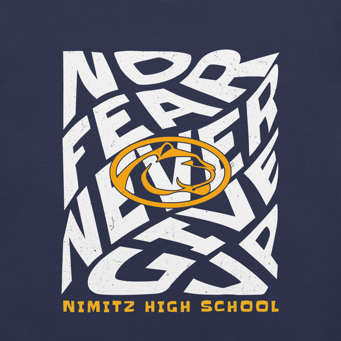 Close-up view of Nimitz High School Cougars Navy Blue Premium Unisex T-shirt 236