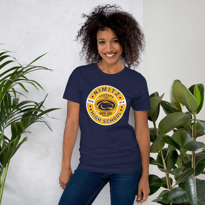 Woman wearing Nimitz High School Cougars Navy Blue Premium Unisex T-shirt 239