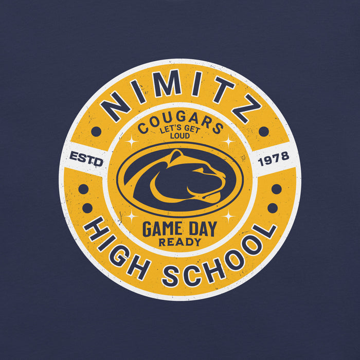 Close-up view of Nimitz High School Cougars Navy Blue Premium Unisex T-shirt 239