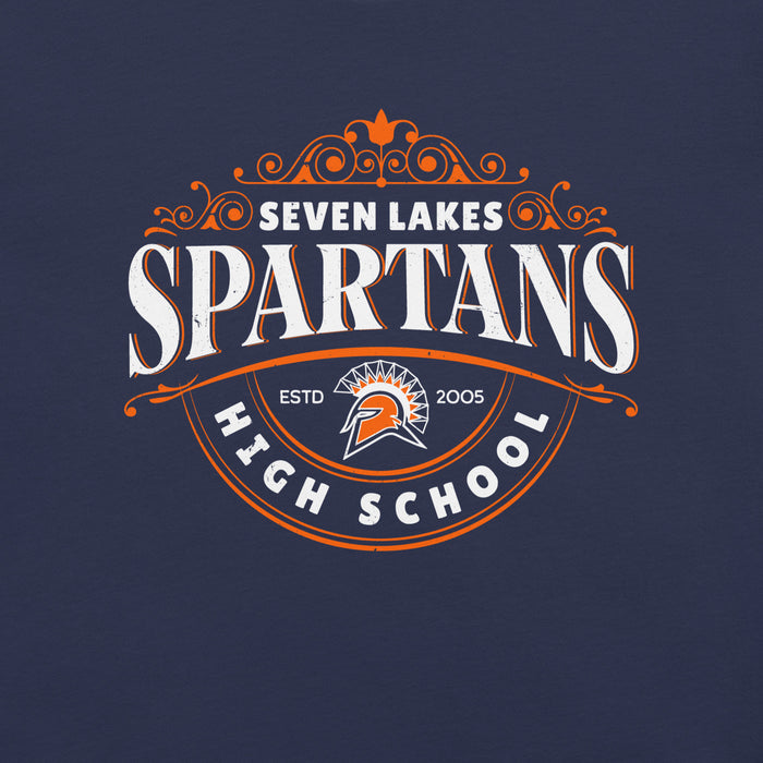 A navy blue graphic print featuring the text 'SEVEN LAKES SPARTANS HIGH SCHOOL' in white and orange, with a Spartan helmet logo in the center and decorative flourishes above. Seven Lakes High School Spartans Navy Blue Premium Unisex T-shirt 211
