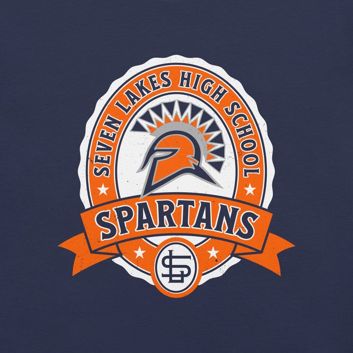 A circular and banner-style school logo reading 'SEVEN LAKES HIGH SCHOOL SPARTANS' with a Spartan helmet and stars, shown on a dark navy background. Seven Lakes High School Spartans Navy Blue Premium Unisex T-shirt 212