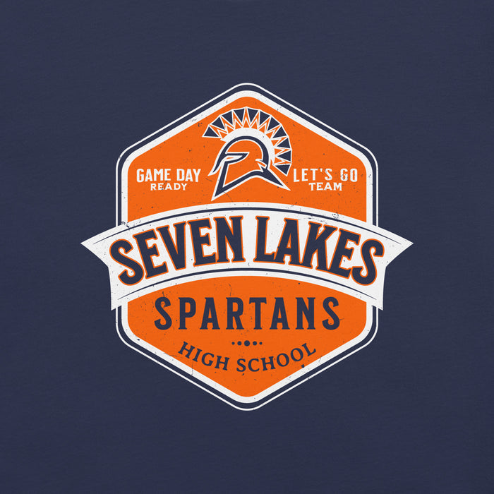 Close-up view of Seven Lakes High School Spartans Navy Blue Premium Unisex T-shirt 209