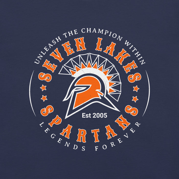 A circular graphic print on a dark navy background featuring an orange and white Spartan helmet logo with the text 'UNLEASH THE CHAMPION WITHIN SEVEN LAKES SPARTANS', 'Est 2005', and 'LEGENDS FOREVER'. Seven Lakes High School Spartans Navy Blue Premium Unisex T-shirt 214