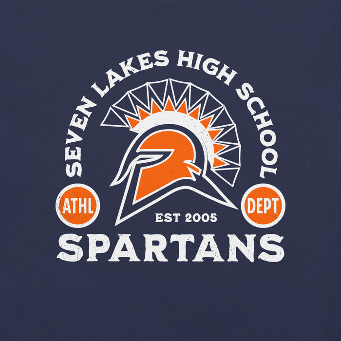 A navy blue graphic print featuring the text 'SEVEN LAKES HIGH SCHOOL' in an arc above a Spartan helmet with an orange sunburst, with 'SPARTANS' below and 'EST 2005' in the center. Seven Lakes High School Spartans Navy Blue Premium Unisex T-shirt 208