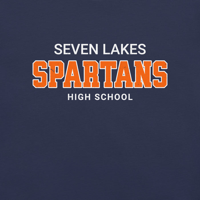 Close-up view of Seven Lakes High School Spartans Navy Blue Premium Unisex T-shirt 002