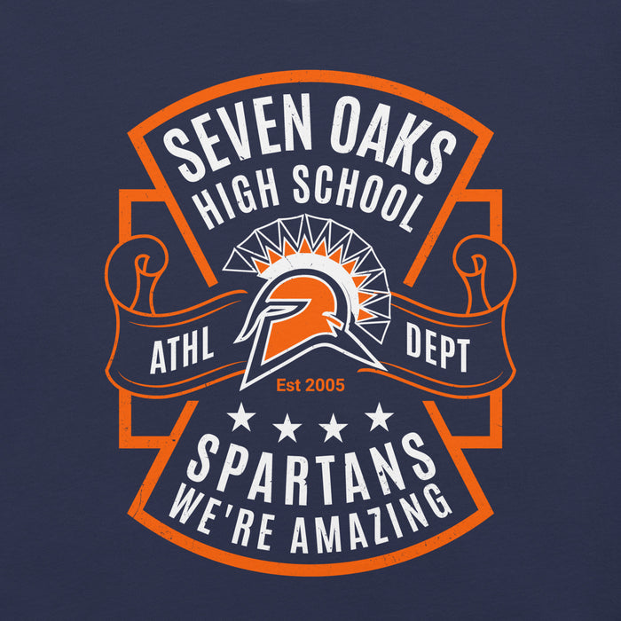 A navy blue graphic design featuring an orange and white crest with the text 'SEVEN OAKS HIGH SCHOOL', 'ATHL DEPT', 'Est 2005', 'SPARTANS WE'RE AMAZING', and a stylized Spartan helmet logo. Seven Lakes High School Spartans Navy Blue Premium Unisex T-shirt 207