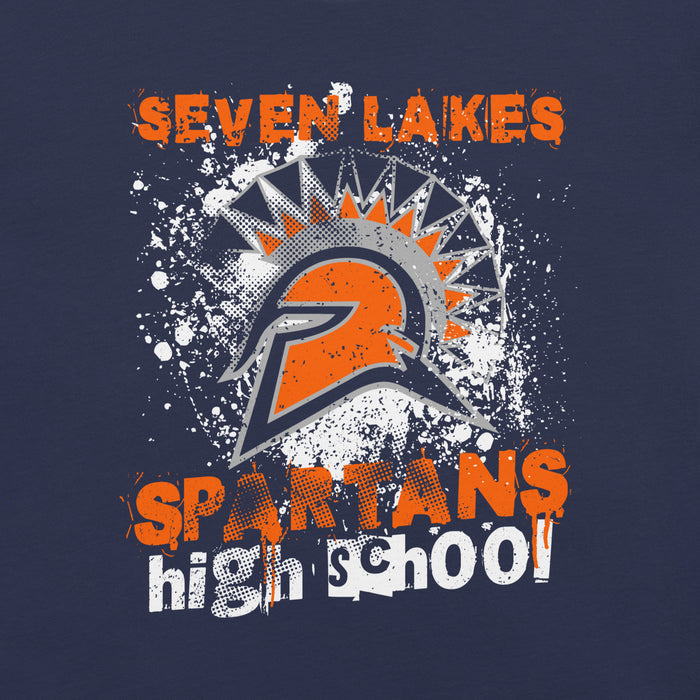 A navy blue graphic design featuring the text 'SEVEN LAKES SPARTANS high school' with a stylized Spartan helmet and sunburst emblem in orange, white, and gray. Seven Lakes High School Spartans Navy Blue Premium Unisex T-shirt 205