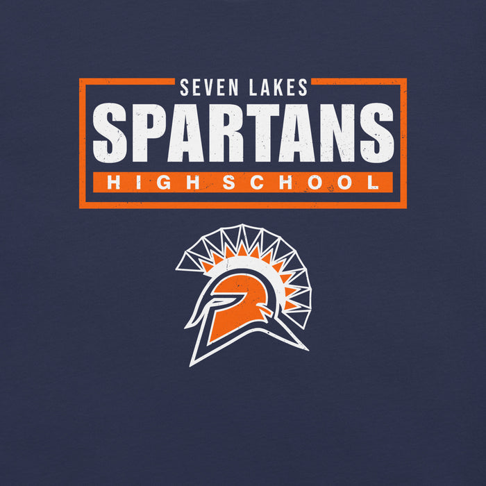 A navy blue graphic design featuring the text 'SEVEN LAKES SPARTANS HIGH SCHOOL' in white and orange, with the Spartan helmet logo below. Seven Lakes High School Spartans Navy Blue Premium Unisex T-shirt 049
