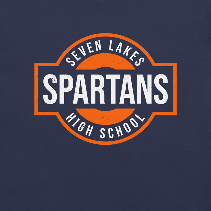 Close-up view of Seven Lakes High School Spartans Navy Blue Premium Unisex T-shirt 011