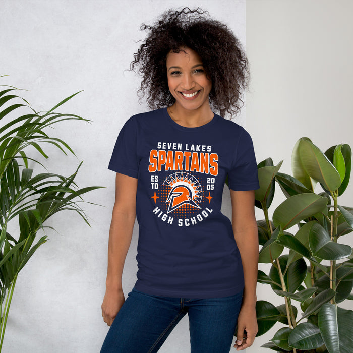 Woman wearing Seven Lakes High School Spartans Navy Blue Premium Unisex T-shirt 204