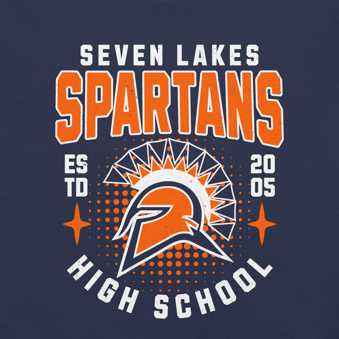 A navy blue graphic design featuring the text 'SEVEN LAKES SPARTANS EST 2005 HIGH SCHOOL' with a Spartan helmet and sunburst emblem in orange, white, and navy. Seven Lakes High School Spartans Navy Blue Premium Unisex T-shirt 204