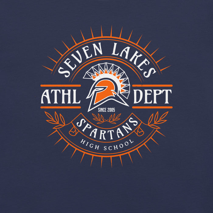A navy blue graphic print featuring a circular 'Seven Lakes Athl Dept Spartans High School' logo with an orange and white Spartan helmet emblem in the center. Seven Lakes High School Spartans Navy Blue Premium Unisex T-shirt 201