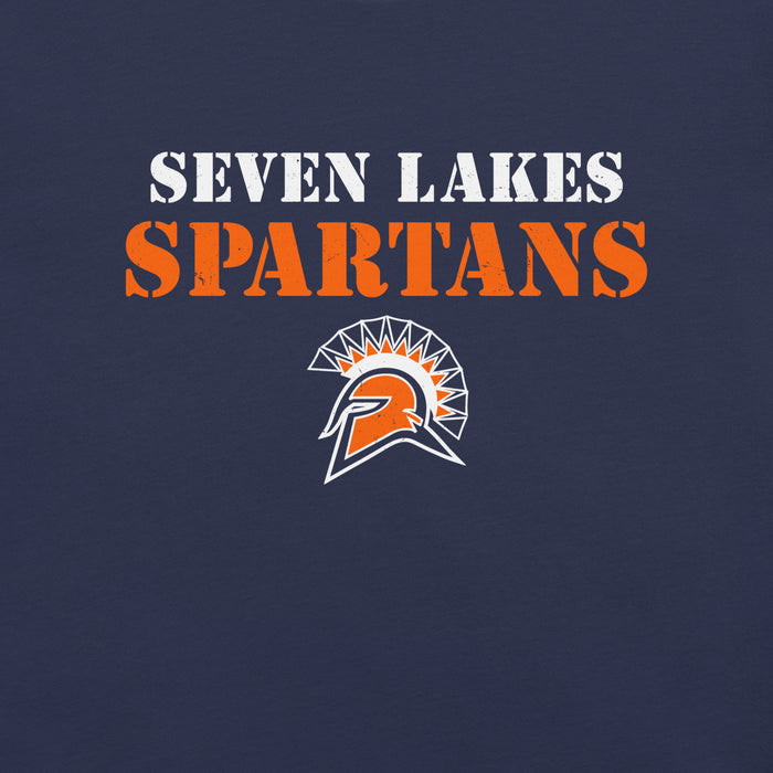 Close-up view of Seven Lakes High School Spartans Navy Blue Premium Unisex T-shirt 017