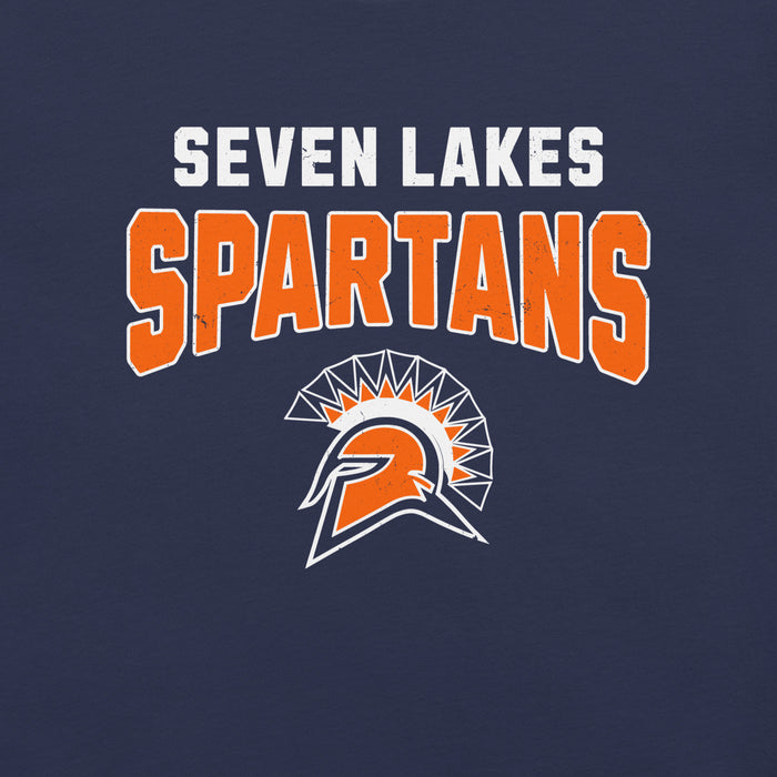 Close-up view of Seven Lakes High School Spartans Navy Blue Premium Unisex T-shirt 234